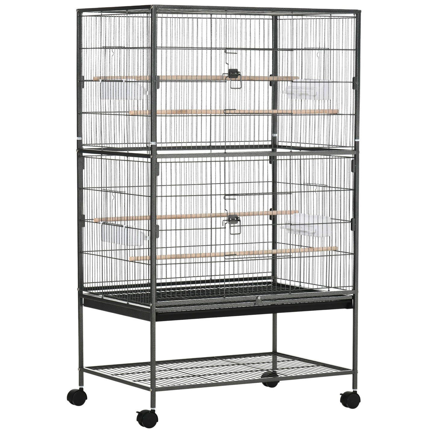 Cusca pentru Pasari de Interior din Otel si Lemn cu Tavă Detasabila, 4 Roți, Trepied si Recipient pentru Alimente, 78x52x132cm, Gri Inchis