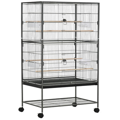 Cusca pentru Pasari de Interior din Otel si Lemn cu Tavă Detasabila, 4 Roți, Trepied si Recipient pentru Alimente, 78x52x132cm, Gri Inchis