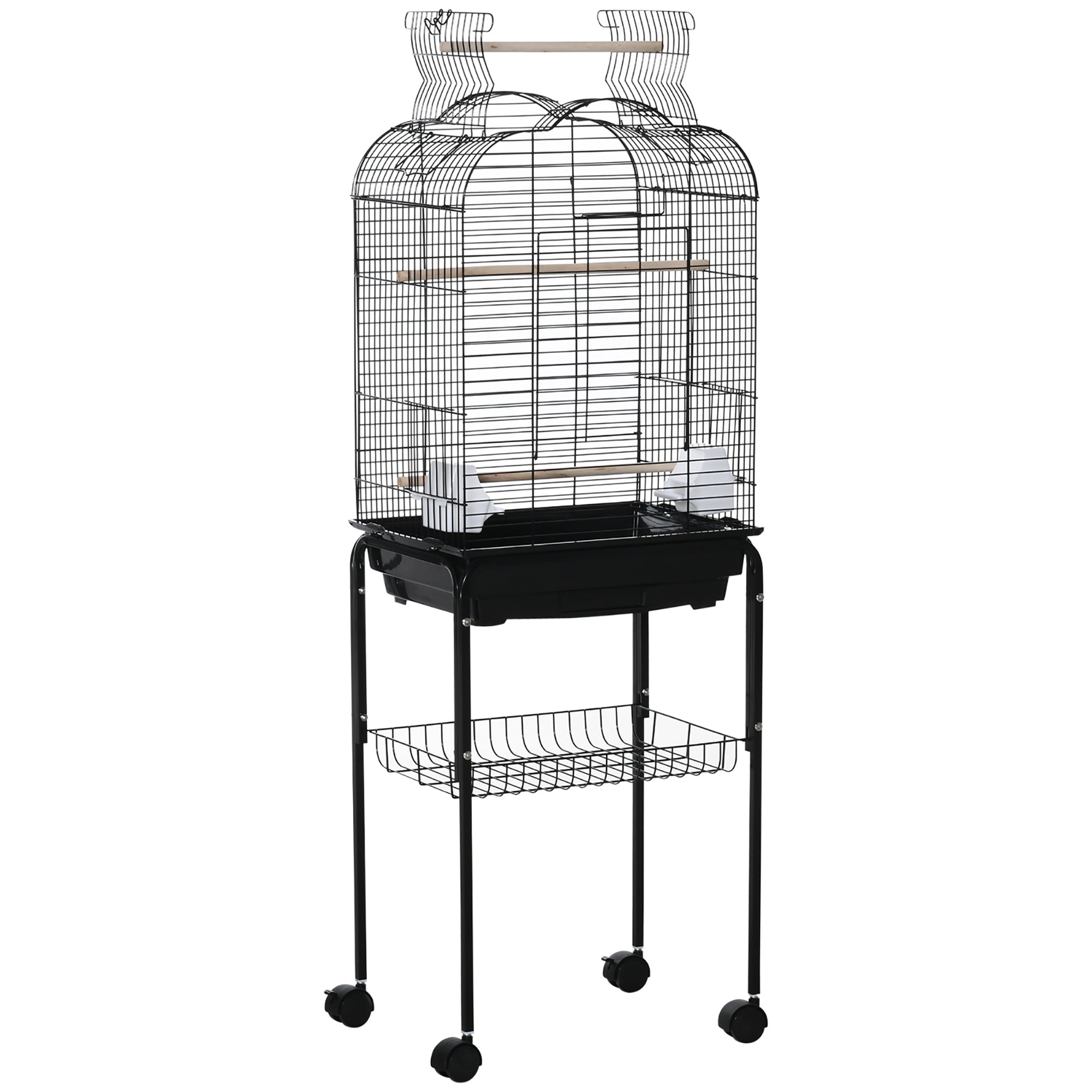 Colivie pentru păsări cu 3 stinghii, 2 boluri și 2 uși laterale, din oțel, PP și lemn, 46x36x130 cm, negru