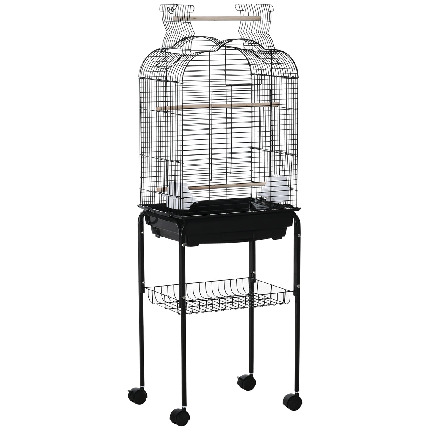 Colivie pentru păsări cu 3 stinghii, 2 boluri și 2 uși laterale, din oțel, PP și lemn, 46x36x130 cm, negru