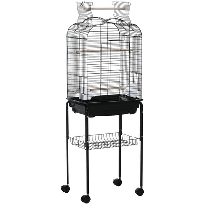 Colivie pentru păsări cu 3 stinghii, 2 boluri și 2 uși laterale, din oțel, PP și lemn, 46x36x130 cm, negru