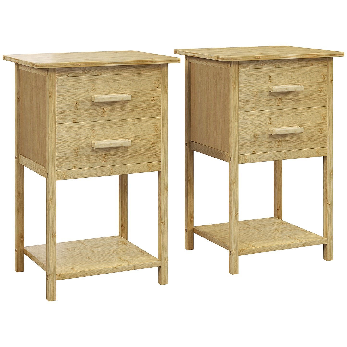 Set 2 noptiere cu 2 sertare și raft inferior în stil nordic, din bambus, 40x34x60 cm