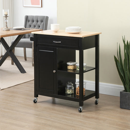 Carucior de Bucatarie din Lemn cu Sertar, Dulapior si Etajere cu Roti, 83x45x88cm, Negru