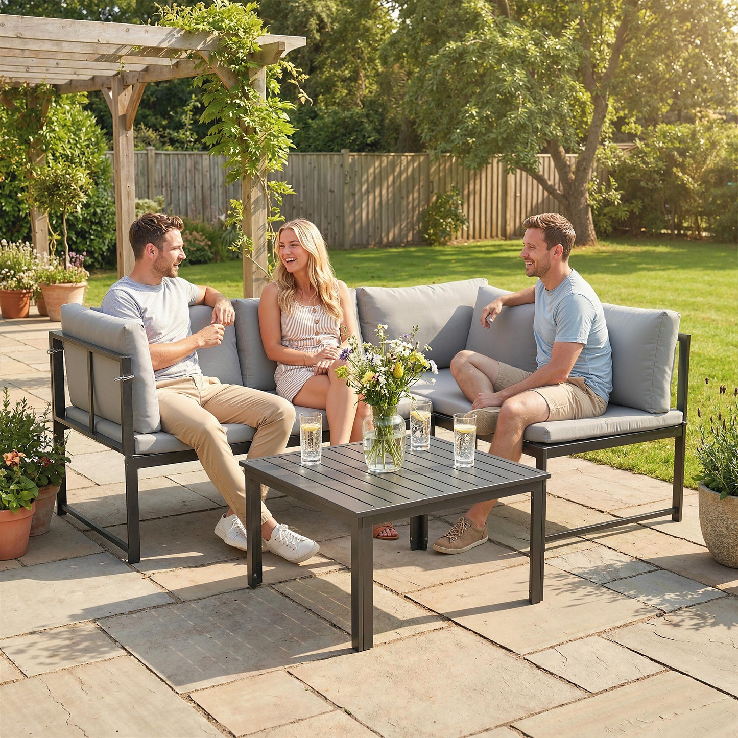 Set Mobilier de Grădină 3 Piese cu Colțar 4 Locuri și Măsuță, Metal și Poliester Gri