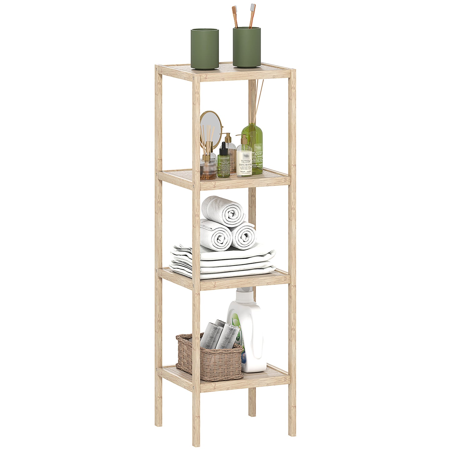 Dulap de Baie Modern cu 4 Rafturi Anti-Răsturnare, Dulap de Baie din Bambus și Lemn, 33x31x110 cm, Lemn Natural