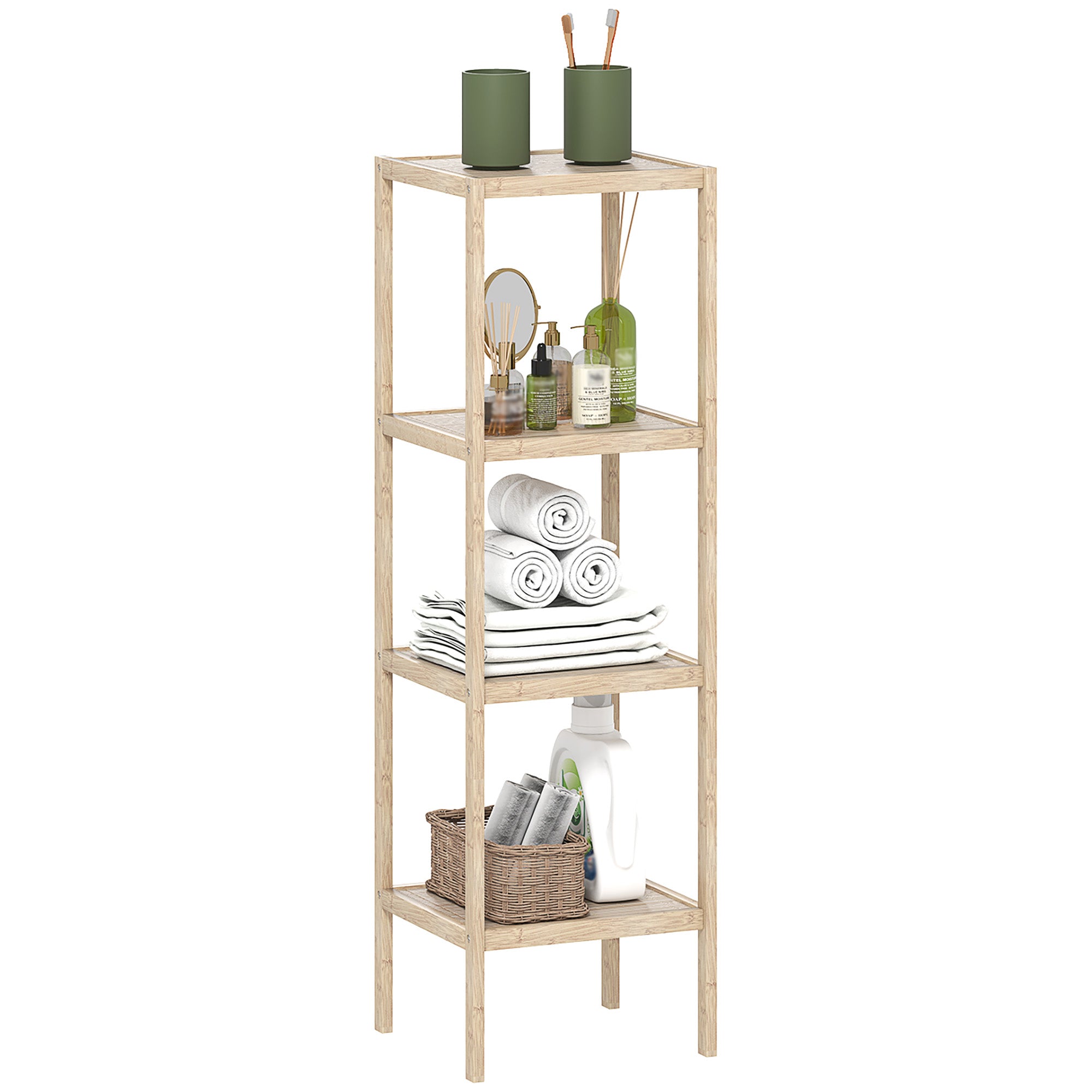 Dulap de Baie Modern cu 4 Rafturi Anti-Răsturnare, Dulap de Baie din Bambus și Lemn, 33x31x110 cm, Lemn Natural