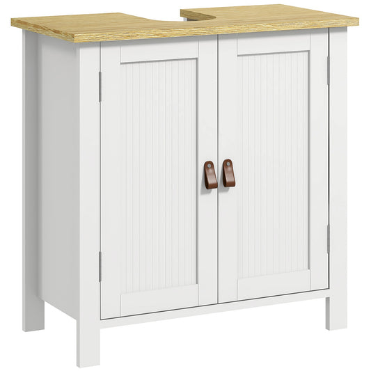 Mobilier sub-lavabo 2 usi raft reglabil 2 etaje interioare manere din PU 60 x 30 x 60 cm alb