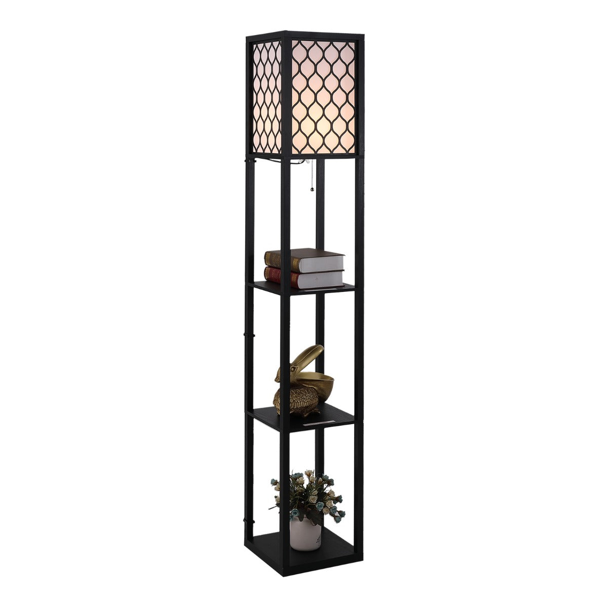 Lampă stand cu rafturi 3 niveluri, negru 26x26x160 cm, Iluminare caldă și rafturi pentru living sau birou
