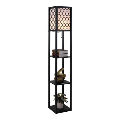 Lampă stand cu rafturi 3 niveluri, negru 26x26x160 cm, Iluminare caldă și rafturi pentru living sau birou