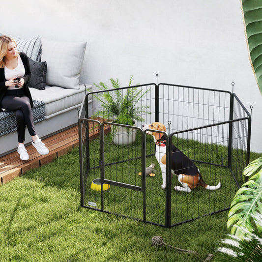 Țarc pentru câini cu 6 panouri modulabile, pliabil, cu ușă din oțel, înălțime 80 cm, gri închis