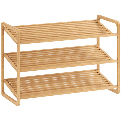 Etajeră pentru pantofi din bambus, cu 3 niveluri, pentru 12 perechi de pantofi, rafturi din bambus cu lamele, 76x33x50,8 cm, culoare lemn natural