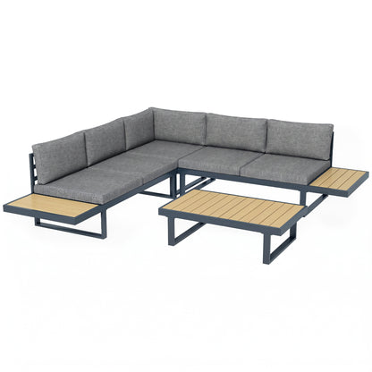 Set de Grădină 4 Piese din Aluminiu cu 2 Canapele, Fotoliu Colțar și Măsuță de Cafea, Gri și Teak