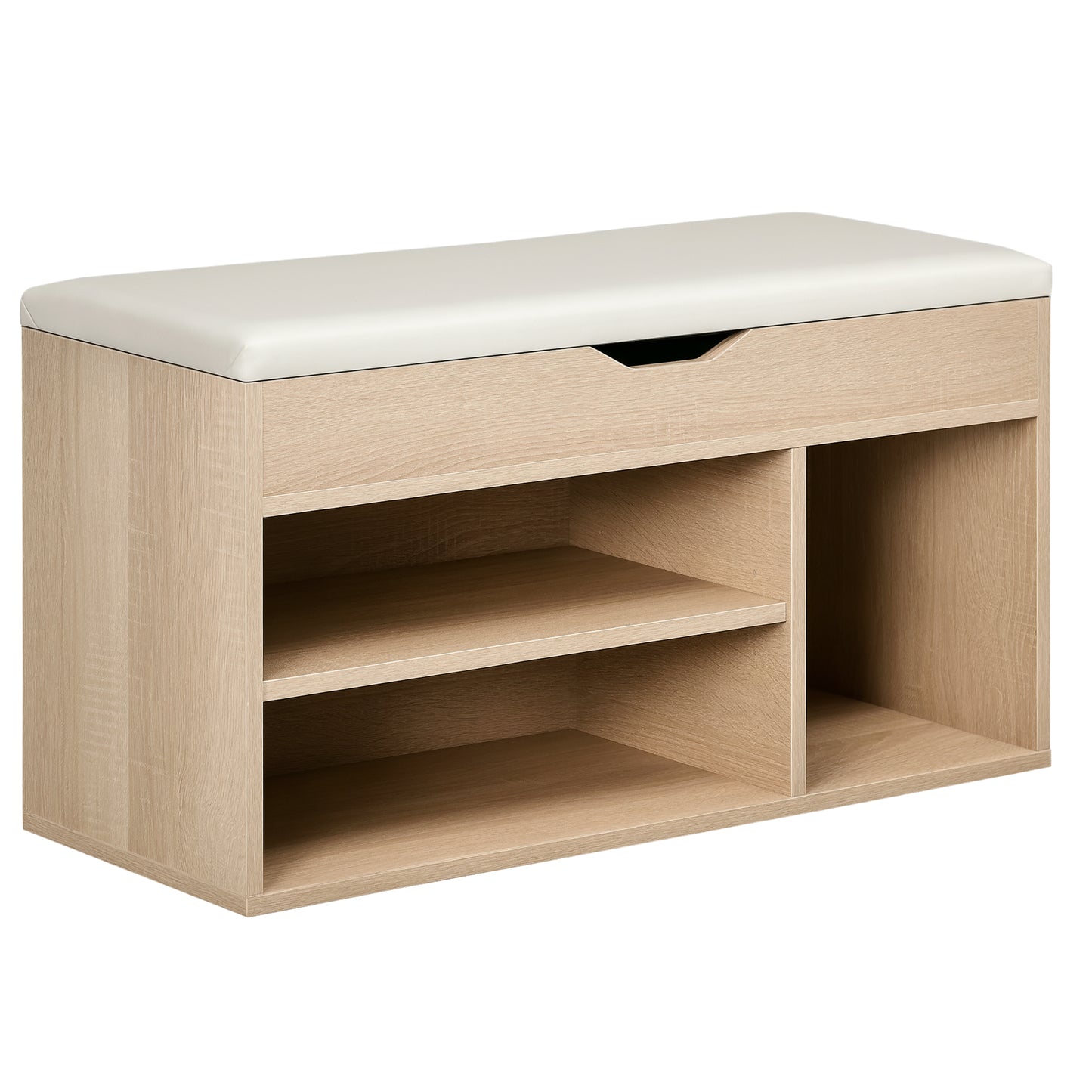 Bancă pentru Pantofi cu 3 Compartimente, Spațiu Ascuns și Șezut din Piele PU, 80x30x43 cm, Lemn Natural