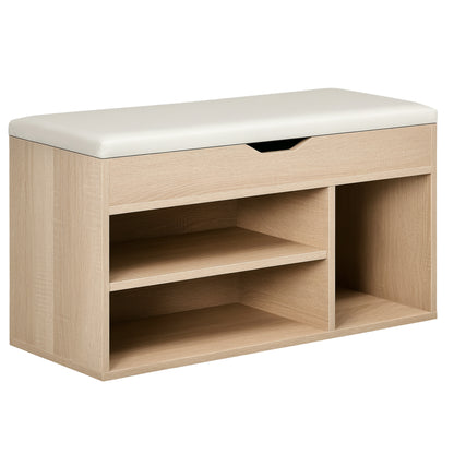 Bancă pentru Pantofi cu 3 Compartimente, Spațiu Ascuns și Șezut din Piele PU, 80x30x43 cm, Lemn Natural