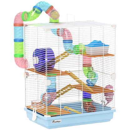 Căsuță pentru Hamsteri cu 5 Niveluri cu Tuburi, Roată, Scări, Căsuță și Sticlă, din Metal, PP și PS, 46x30x58 cm