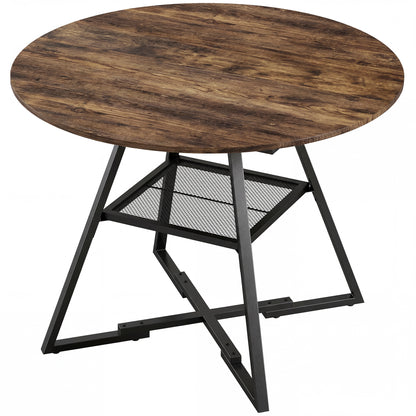 Masă de dining 4 locuri, 100 cm rotundă, bucătărie industrială, poliță de depozitare, maro rustic.