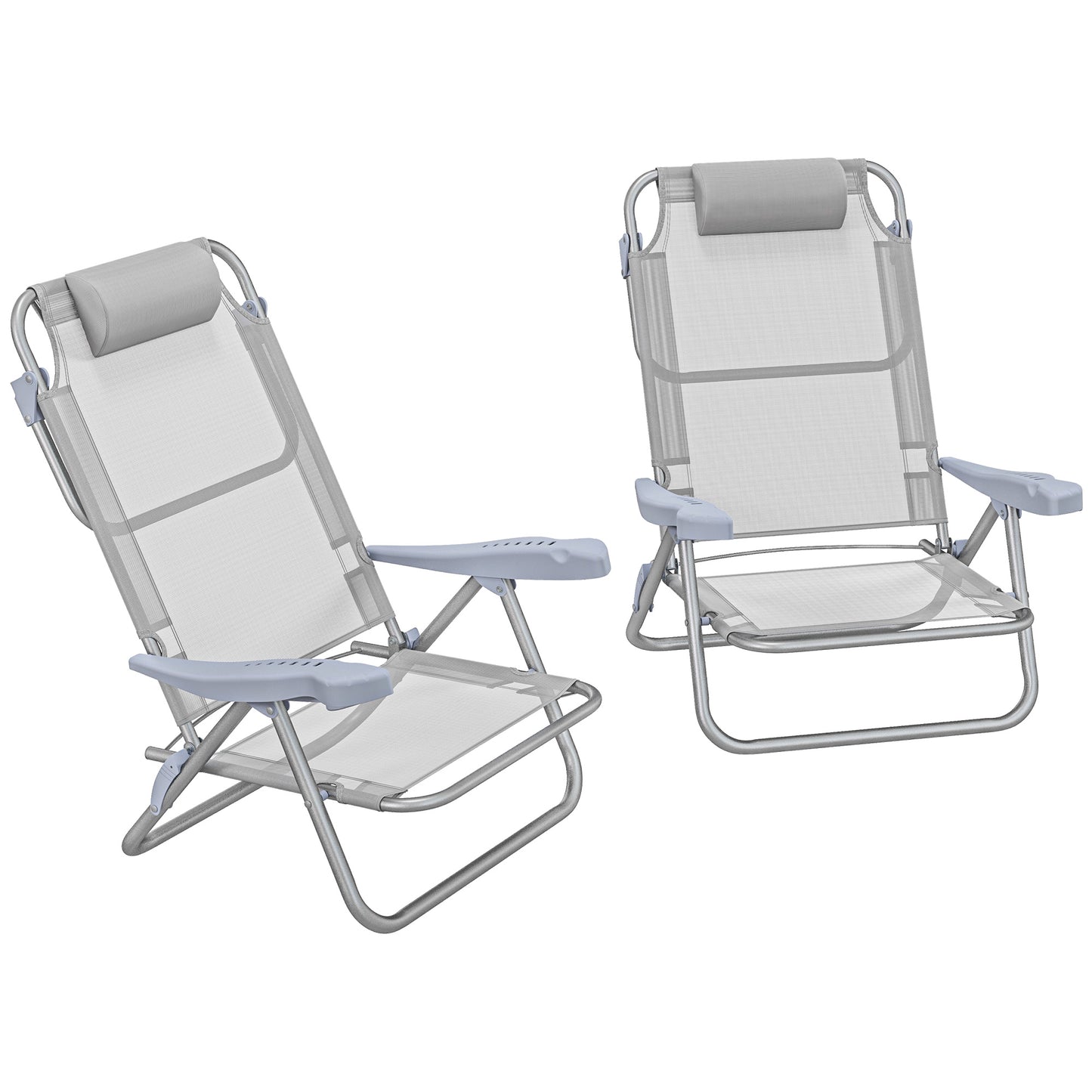Set 2 Scaune de Camping Pliabile cu Tetieră Căptușită și Spătar Reglabil în 6 Poziții, 62x65x80 cm, Gri Deschis