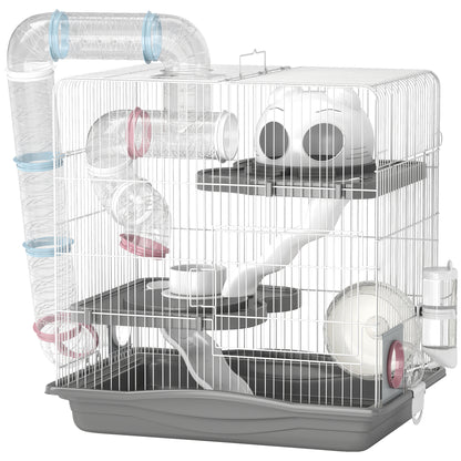 Cușcă pentru Hamsteri pe 3 Niveluri și 14 Tuburi cu Căsuță, Rampă și Accesorii, din Metal și Plastic, 45x30x45 cm, Gri