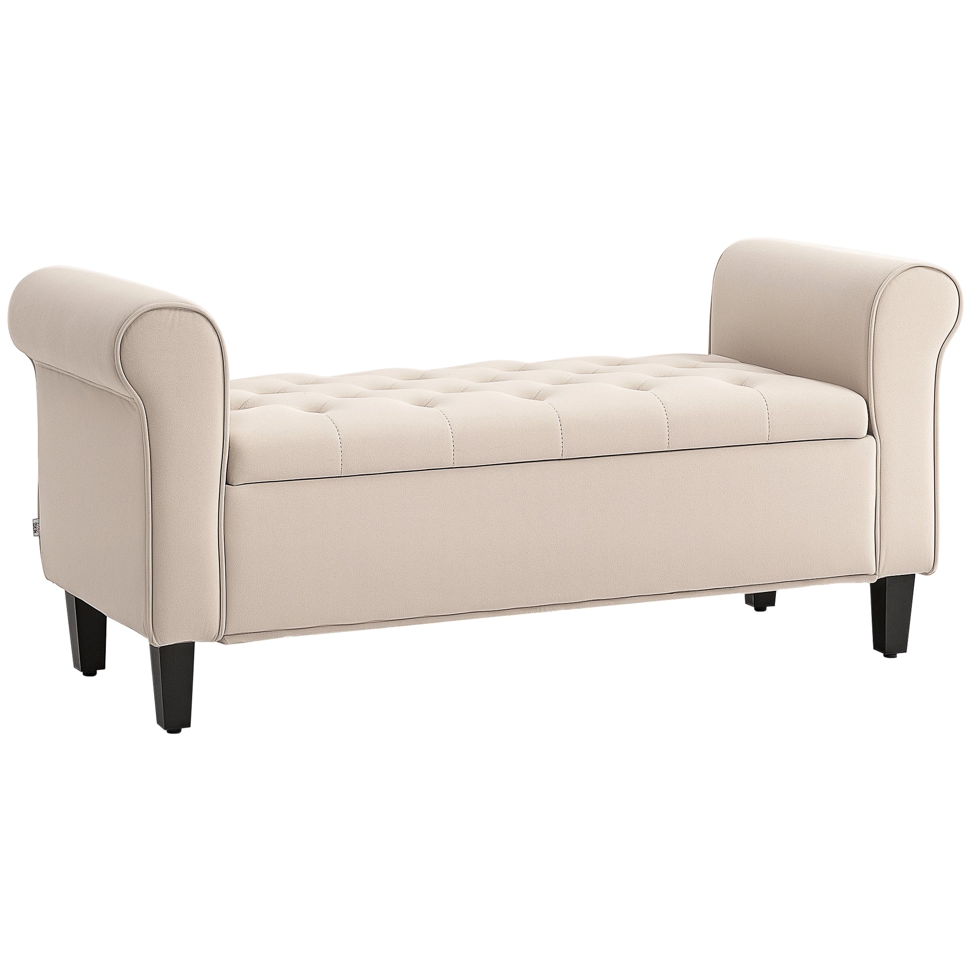 Bancă Dormitor cu Compartiment de Depozitare și Cotiere Rulate, 126x48.5x57 cm, Bej