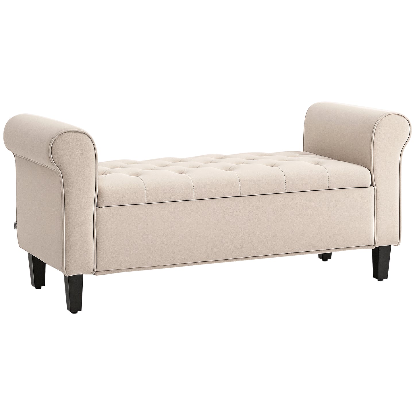 Bancă Dormitor cu Compartiment de Depozitare și Cotiere Rulate, 126x48.5x57 cm, Bej