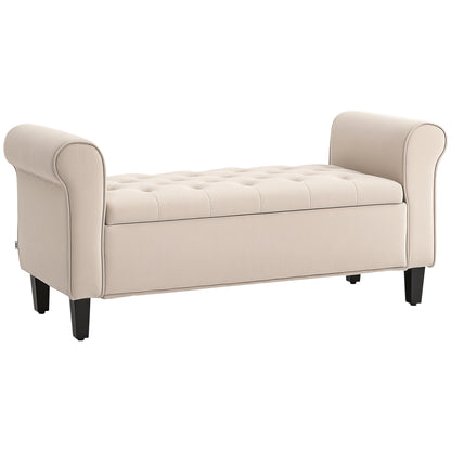 Bancă Dormitor cu Compartiment de Depozitare și Cotiere Rulate, 126x48.5x57 cm, Bej