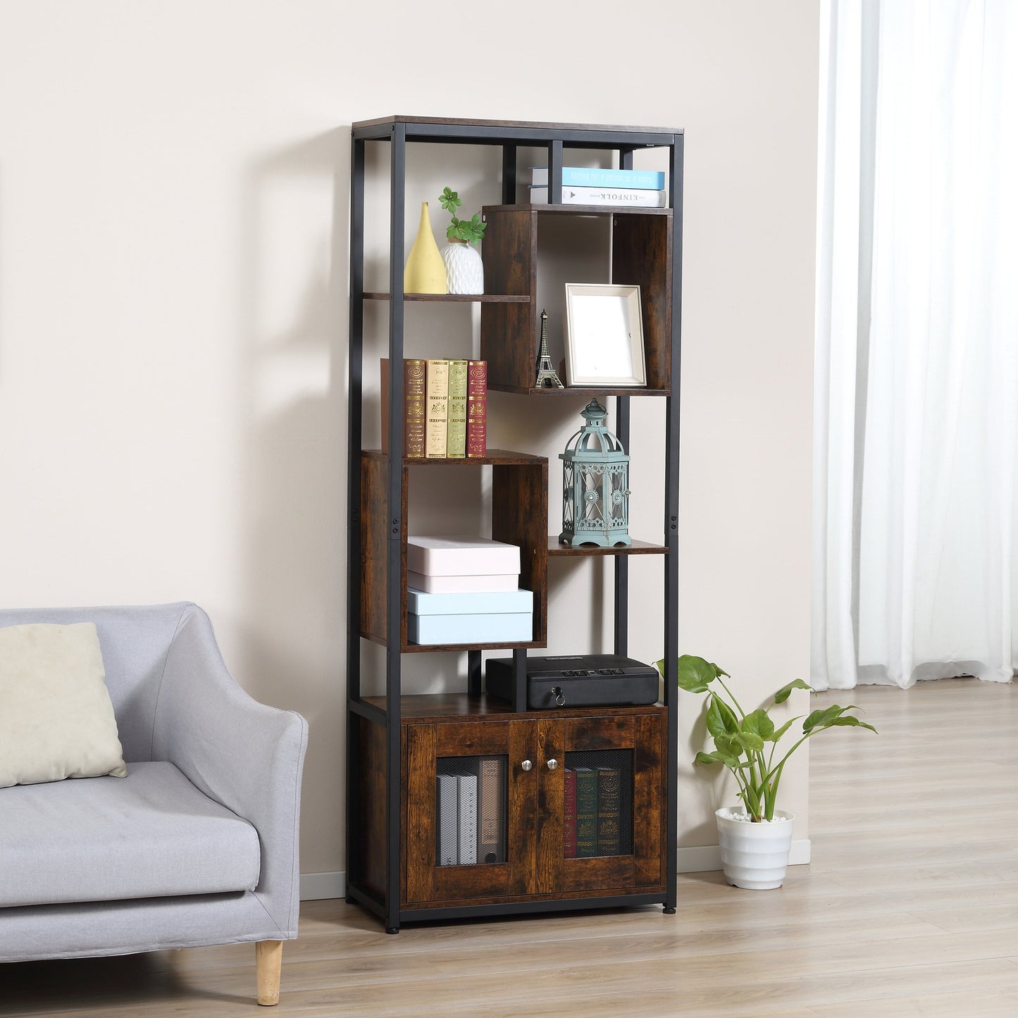 biblioteca stil industrial, 70x30x180cm, maro
