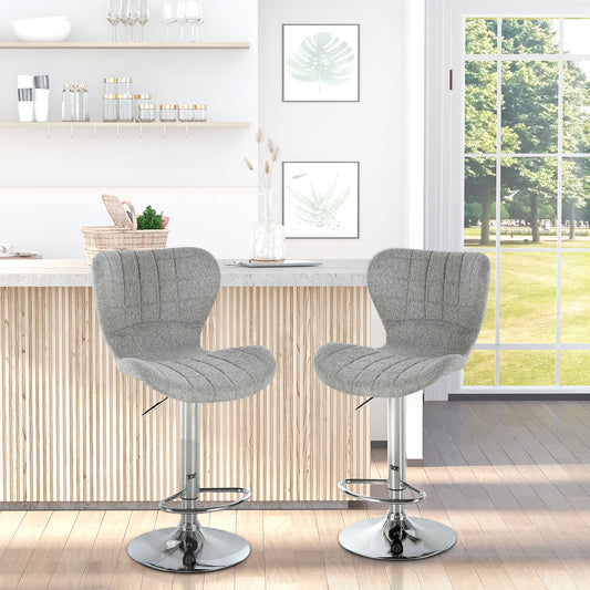 Set 2 scaune de bar rotative cu înălțime reglabilă, suport pentru picioare și spătar din material textil, gri