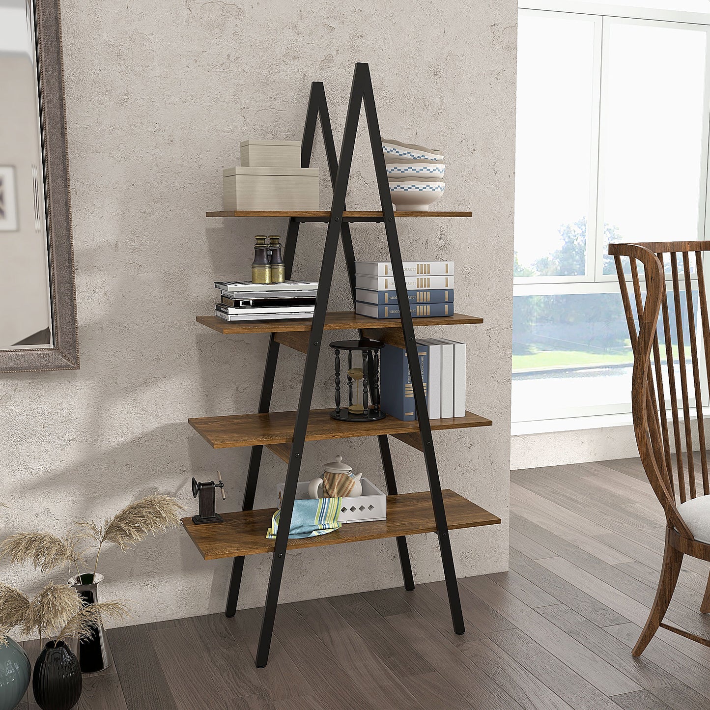 Raft Biblioteca Stil Industrial din PAL si Otel in Forma de A, 92x38.5x166 cm, Maro si Negru