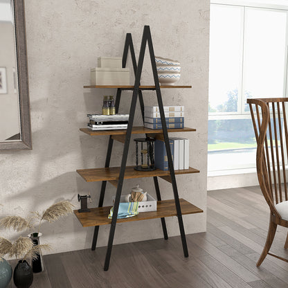 Raft Biblioteca Stil Industrial din PAL si Otel in Forma de A, 92x38.5x166 cm, Maro si Negru