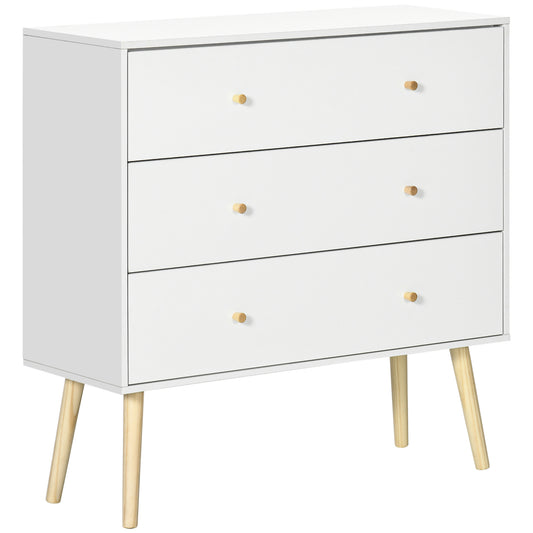 Comoda cu 3 sertare cu manere din PAL si lemn de pin pentru camera de zi si dormitor, 80x30x80 cm, alb