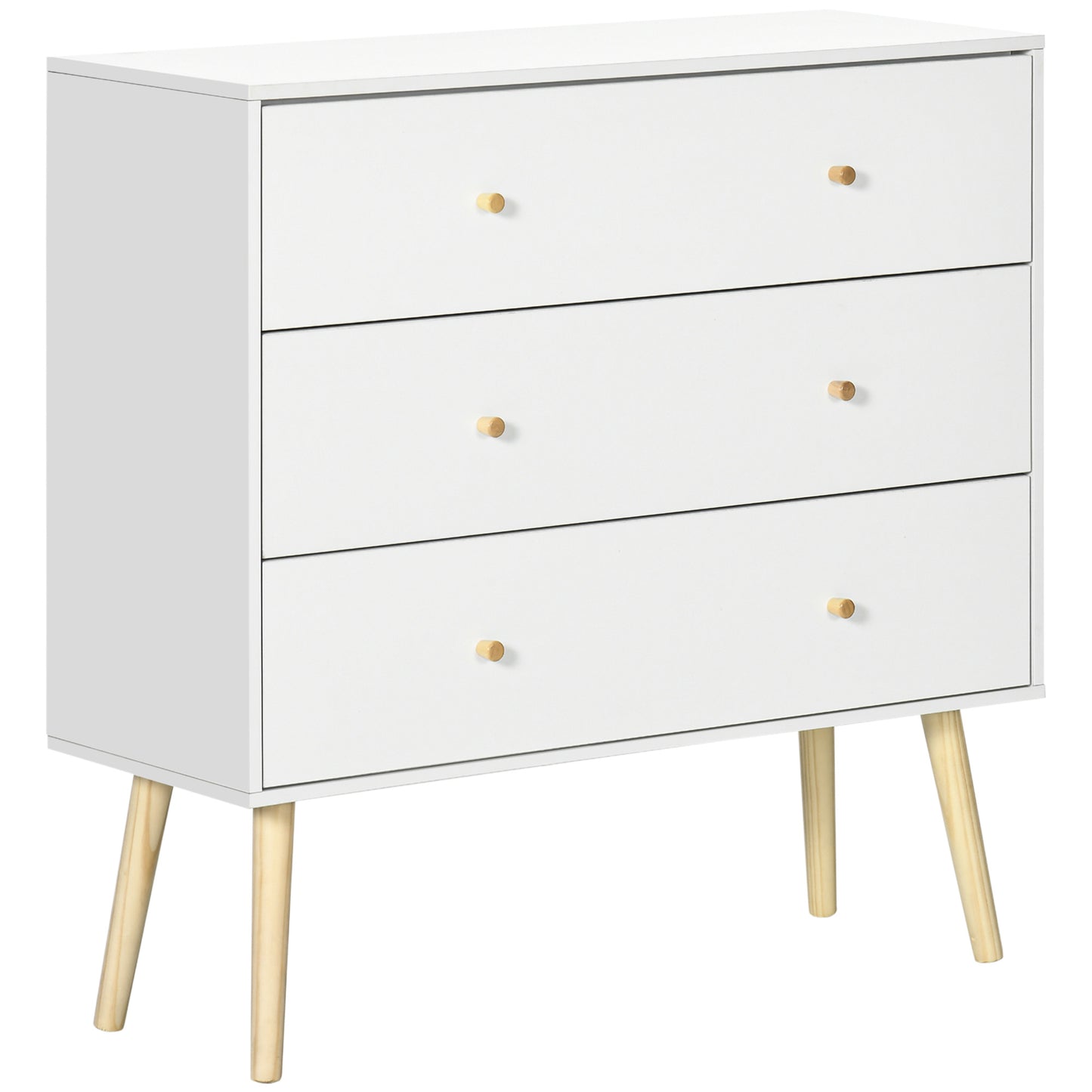 Comoda cu 3 sertare cu manere din PAL si lemn de pin pentru camera de zi si dormitor, 80x30x80 cm, alb