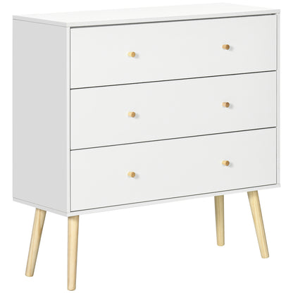Comoda cu 3 sertare cu manere din PAL si lemn de pin pentru camera de zi si dormitor, 80x30x80 cm, alb