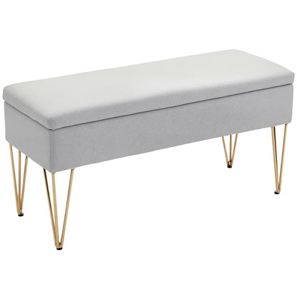 Bancă pentru capătul patului cu spațiu de depozitare, din material textil și picioare din oțel, 100x40x49 cm, gri deschis