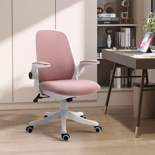 Scaun de Birou Ergonomic Reglabil pe Înălțime, din Material cu Efect de Catifea, 62.5x60x94-104 cm, Alb și Roz