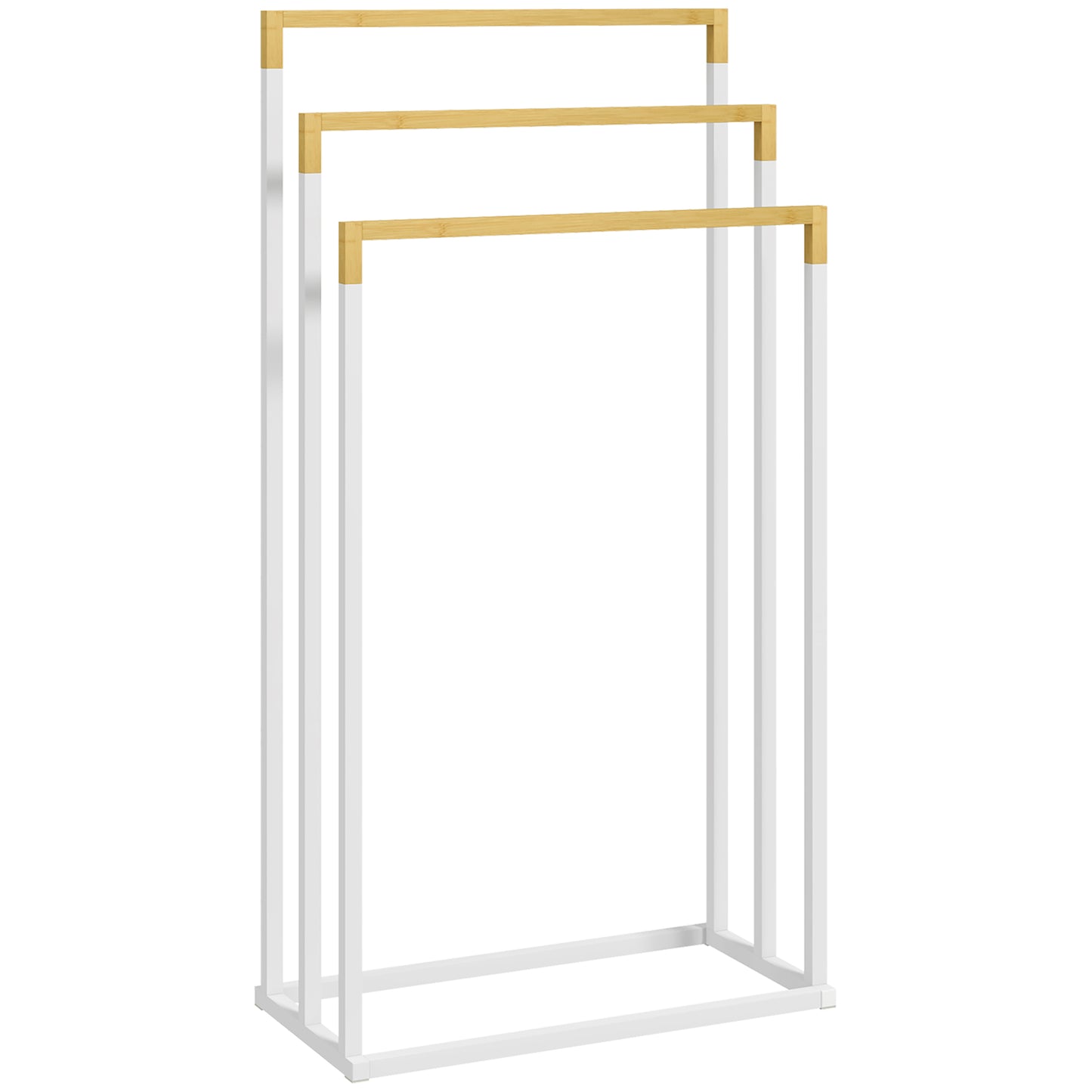 Suport independent pentru prosoape cu 3 bare din bambus și oțel, 45x22,5x86 cm, alb și culoarea lemnului
