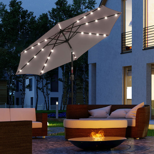 Umbrelă de Grădină Reglabilă Ø265 cm cu 32 Lumini LED Solare și Manivelă, Umbrelă de Exterior cu 8 Bare de Sprijin, din Oțel, Poliester, pentru Terasă, Curte, Balcon, Gri