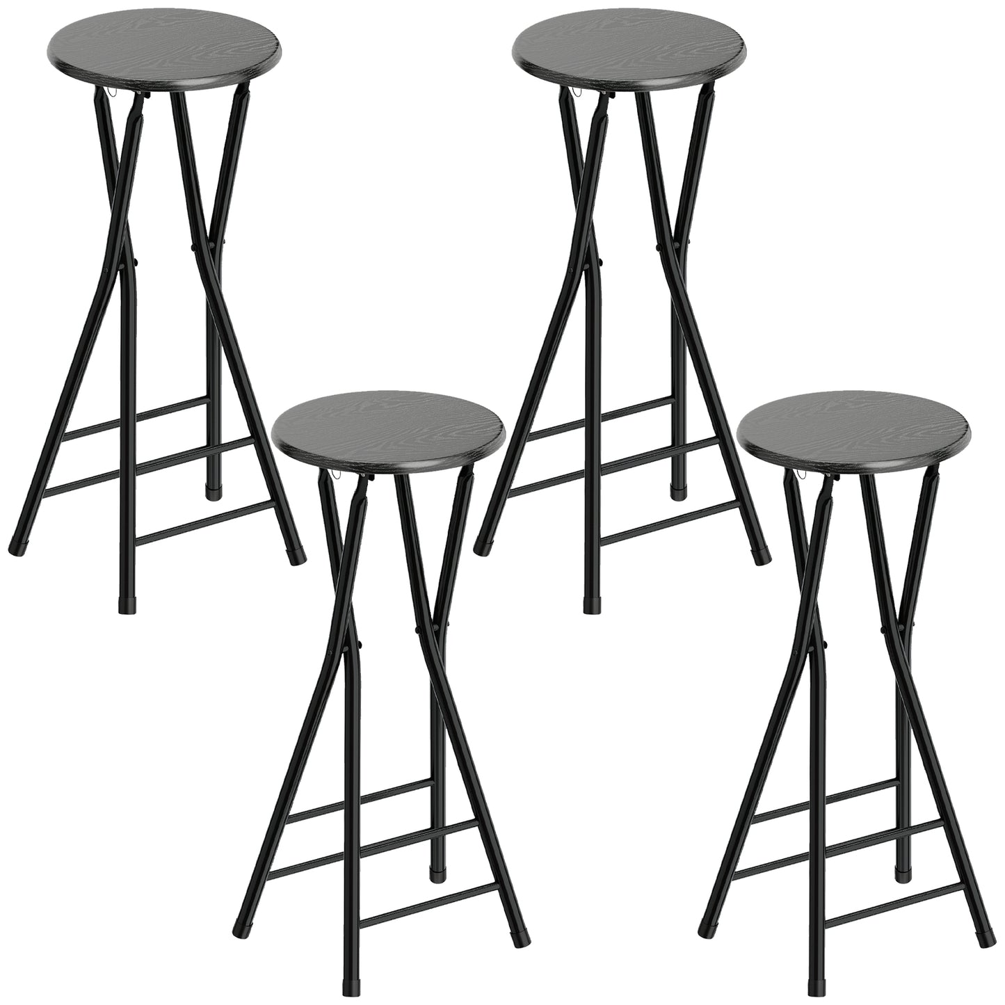 Set 4 Scaune de Bar Pliabile cu Suport dublu pentru Picioare, din Lemn și Oțel, 34x30x70 cm, Negru