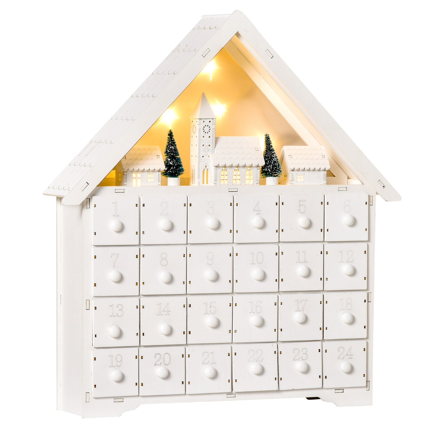 Calendar de Advent din Lemn 24 de Sertare Satul de Craciun cu Brazi si Lumini