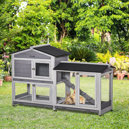 Cușcă pe 2 Nivele cu Plasă Protectoare și Roți din Lemn și Metal, 157.4x53x99.5 cm, Gri