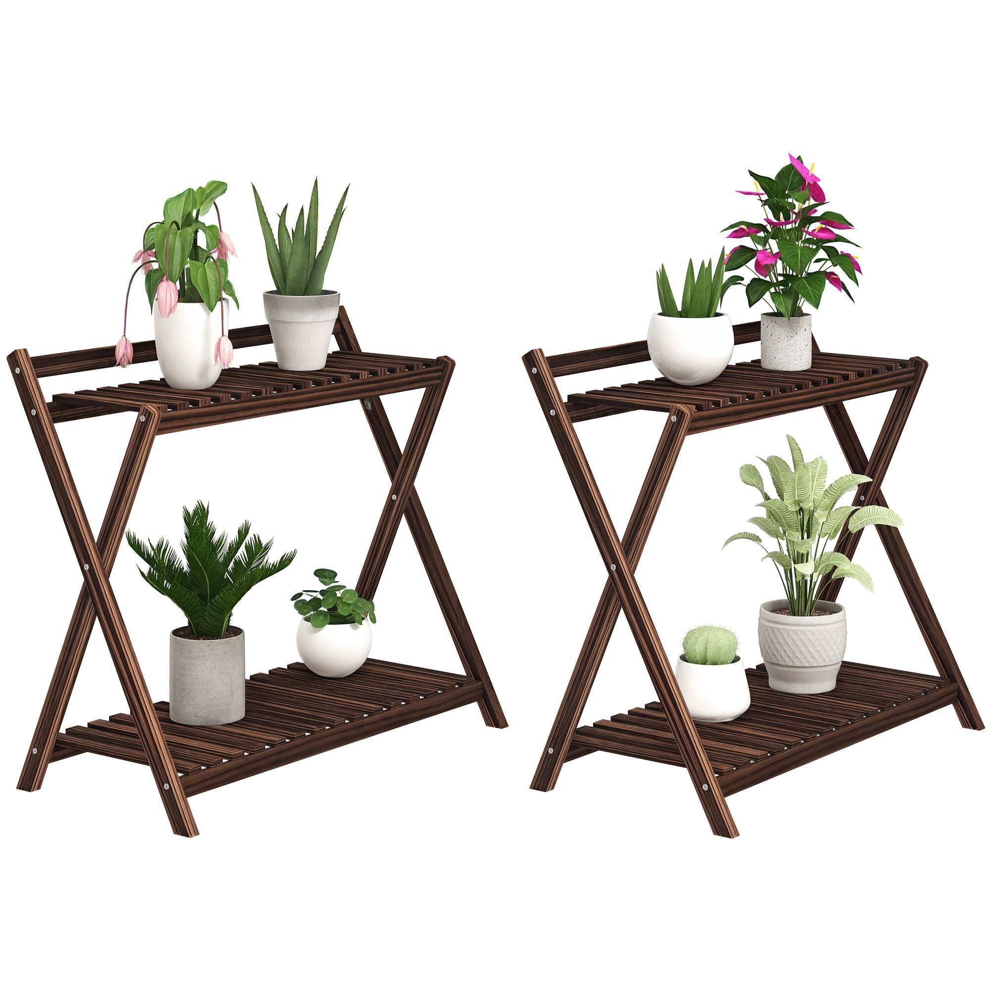 Set de 2 Suporturi pentru Plante cu 2 Niveluri, 73x36x64 cm, Maro