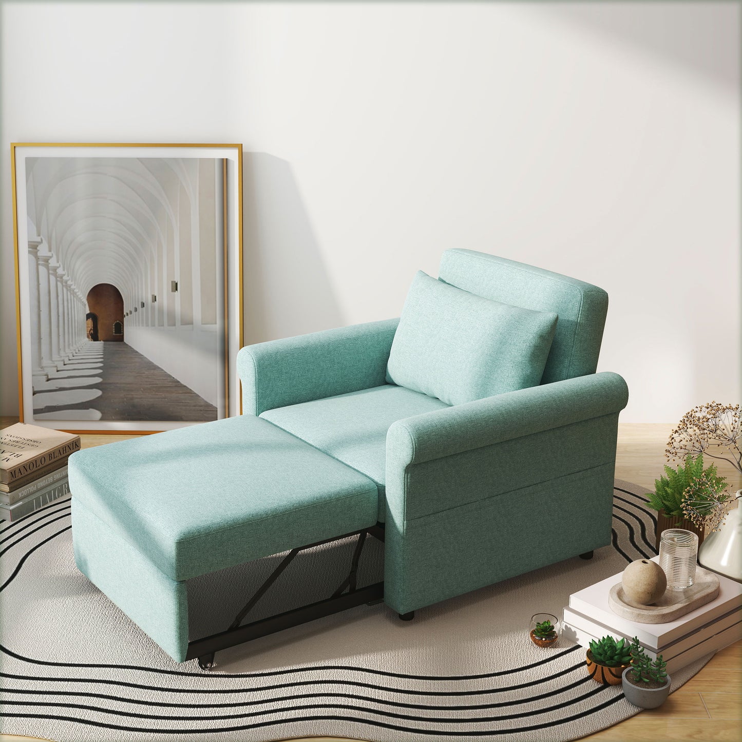 Fotoliu de un singur loc cu spatar reglabil in 4 pozitii, tesatura cu efect de lenjerie respirabila si sezut captusit, 96x84,5x87,5 cm, verde