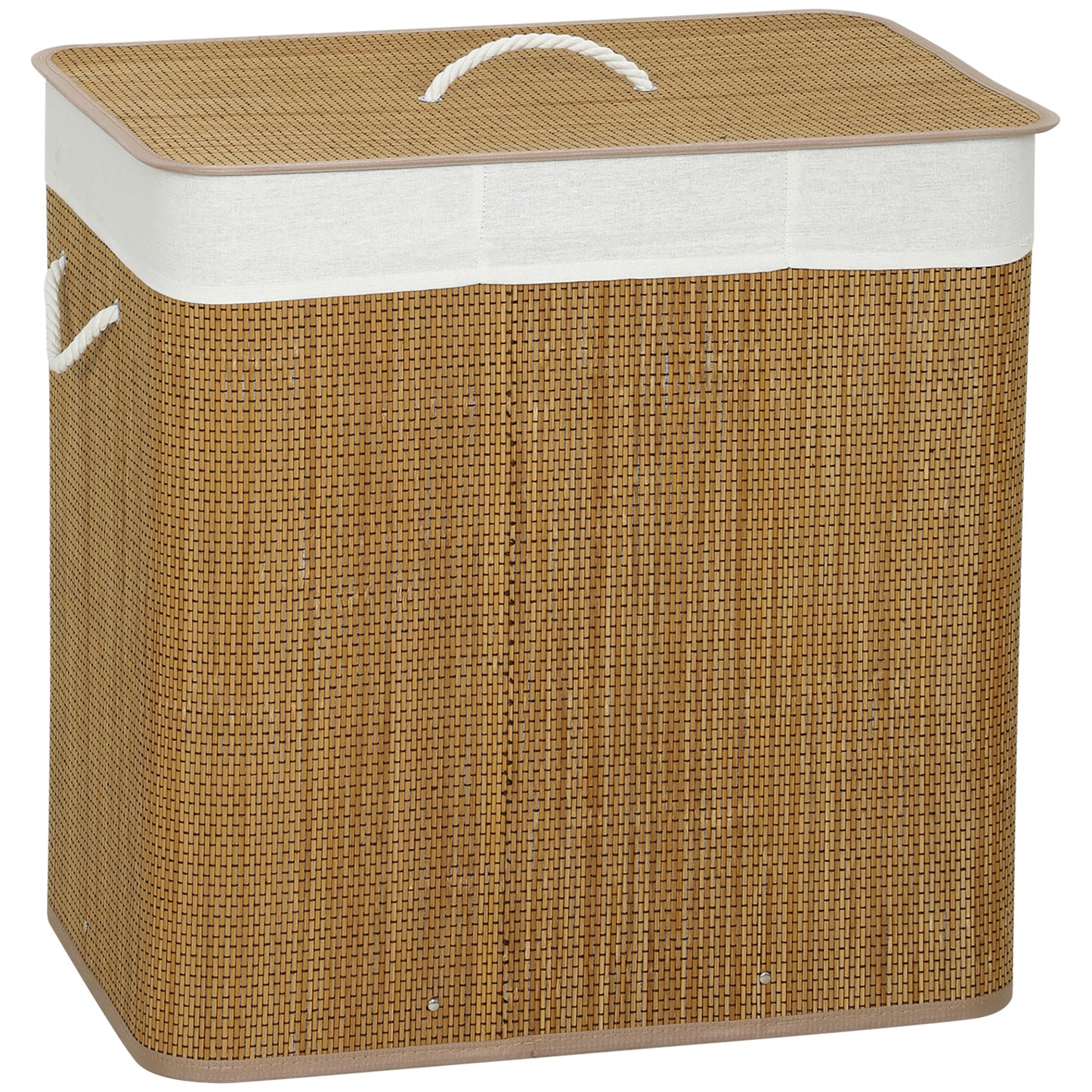 Coș pentru Rufe din Bambus cu Capac, 144L, 3 Compartimente, Sac Detașabil și Lavabil, Mânere, Maro