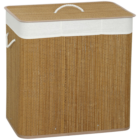 Coș pentru Rufe din Bambus cu Capac, 144L, 3 Compartimente, Sac Detașabil și Lavabil, Mânere, Maro