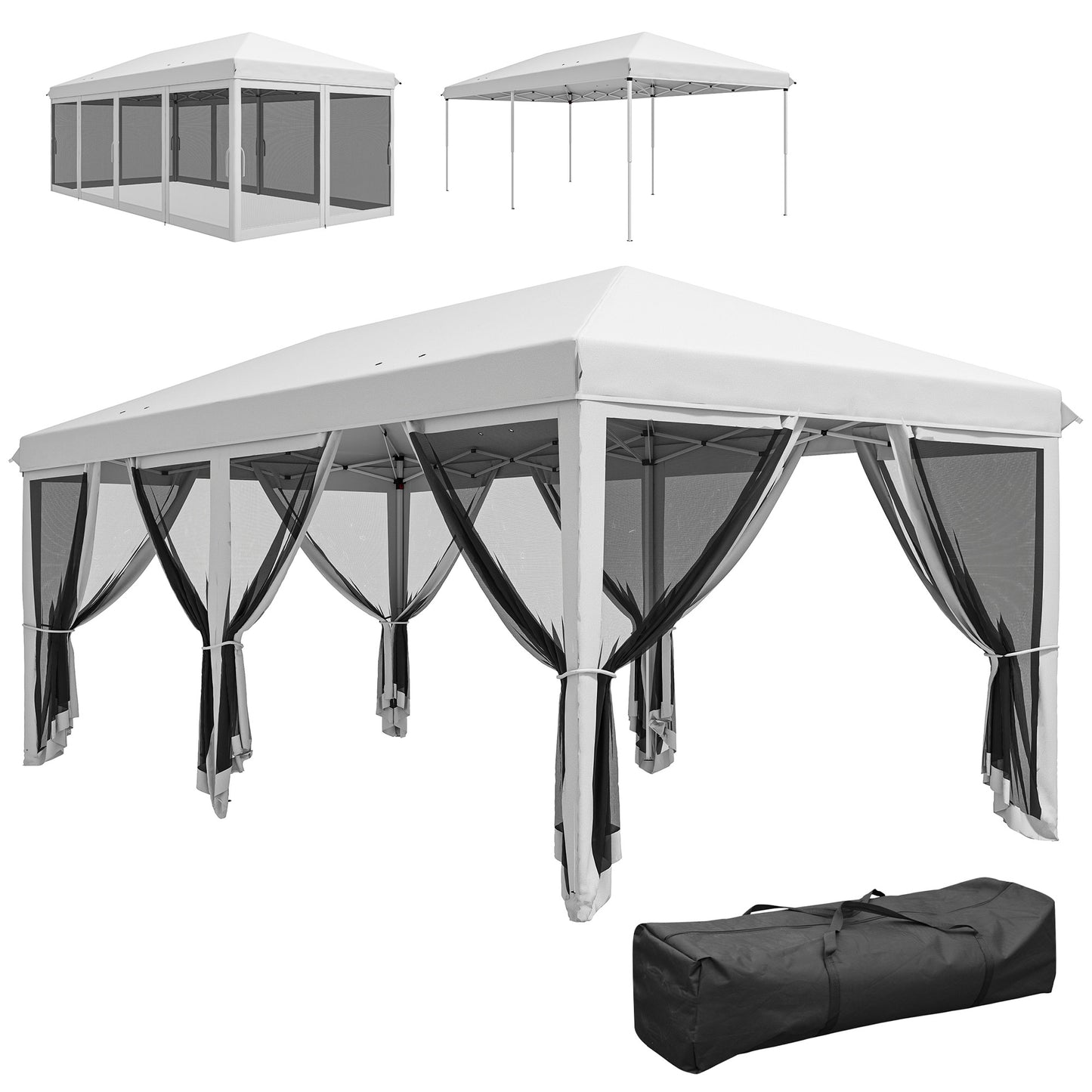 Foisor Pliabil cu 6 Perdele Plasa de Tantari, Foisor de Gradina cu Structura din Otel, 585x295x270cm, Alb Crem