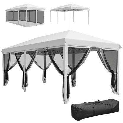 Foisor Pliabil cu 6 Perdele Plasa de Tantari, Foisor de Gradina cu Structura din Otel, 585x295x270cm, Alb Crem
