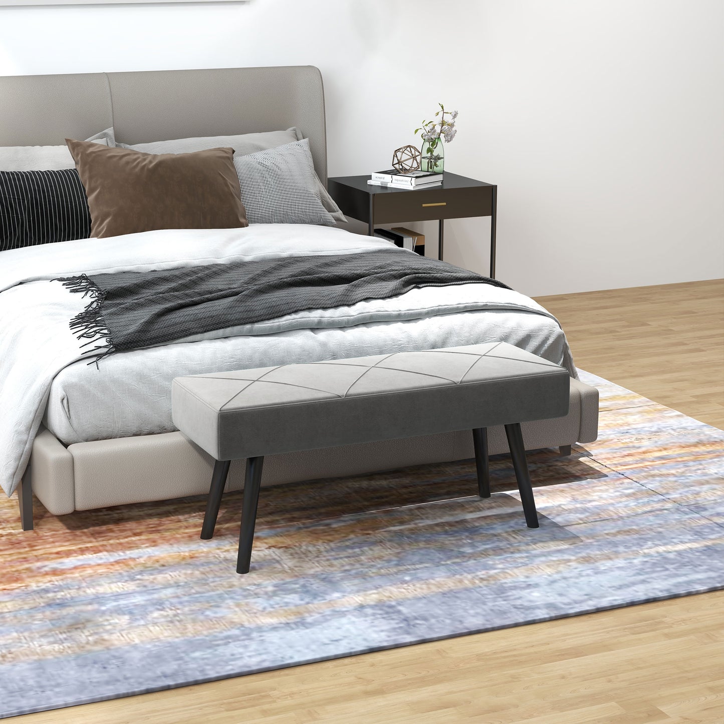 Bancă Tapițată pentru Dormitor din Catifea cu Picioare din Oțel, 100x36x45cm, Gri