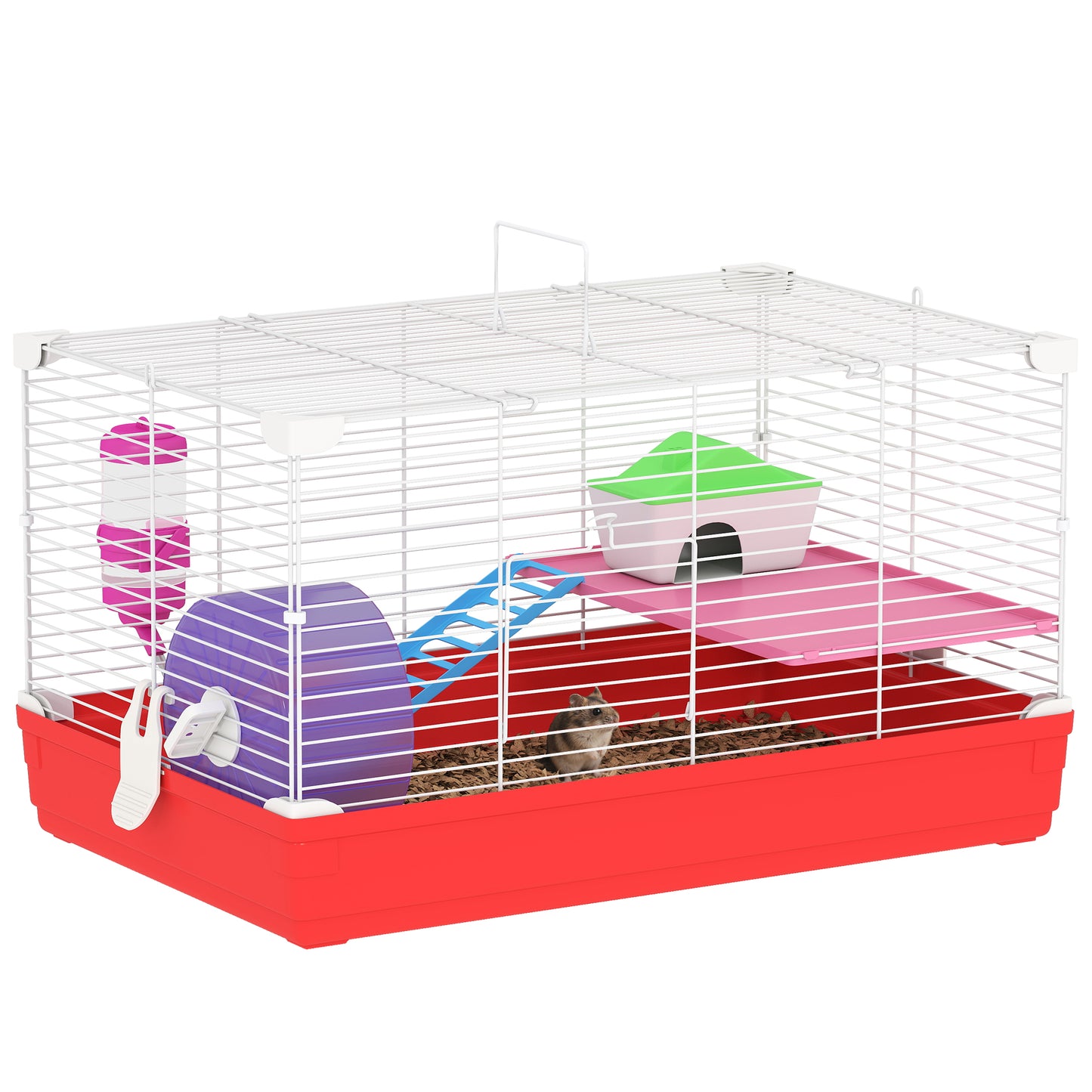 Cușcă pentru Hamsteri pe 2 Niveluri din Metal și PP cu Căsuță, Rezervor de apă și Roată, 47x30x27 cm