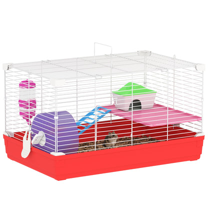 Cușcă pentru Hamsteri pe 2 Niveluri din Metal și PP cu Căsuță, Rezervor de apă și Roată, 47x30x27 cm