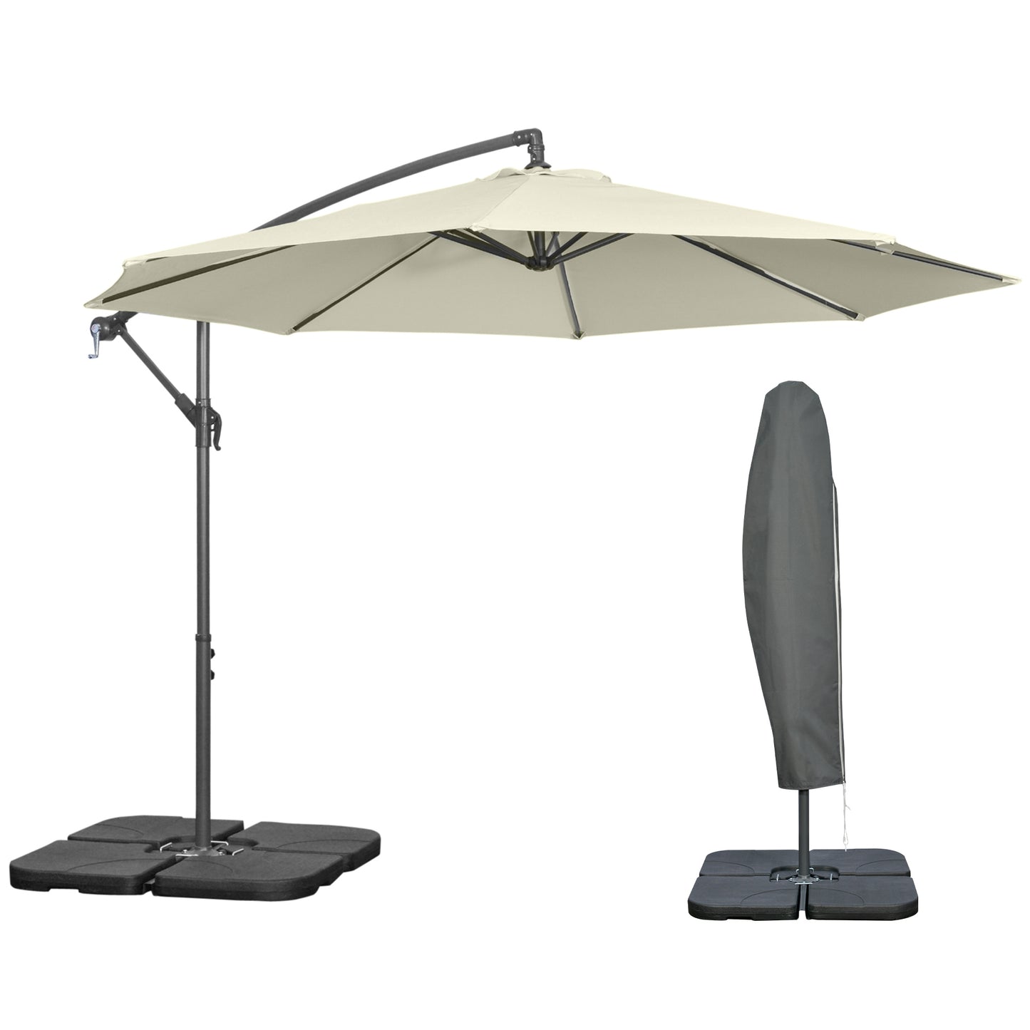 Umbrelă Suspendată cu Bază în Cruce, Greutăţi, Manivelă și Protecţie UV, Ø3x2.5 m, Bej