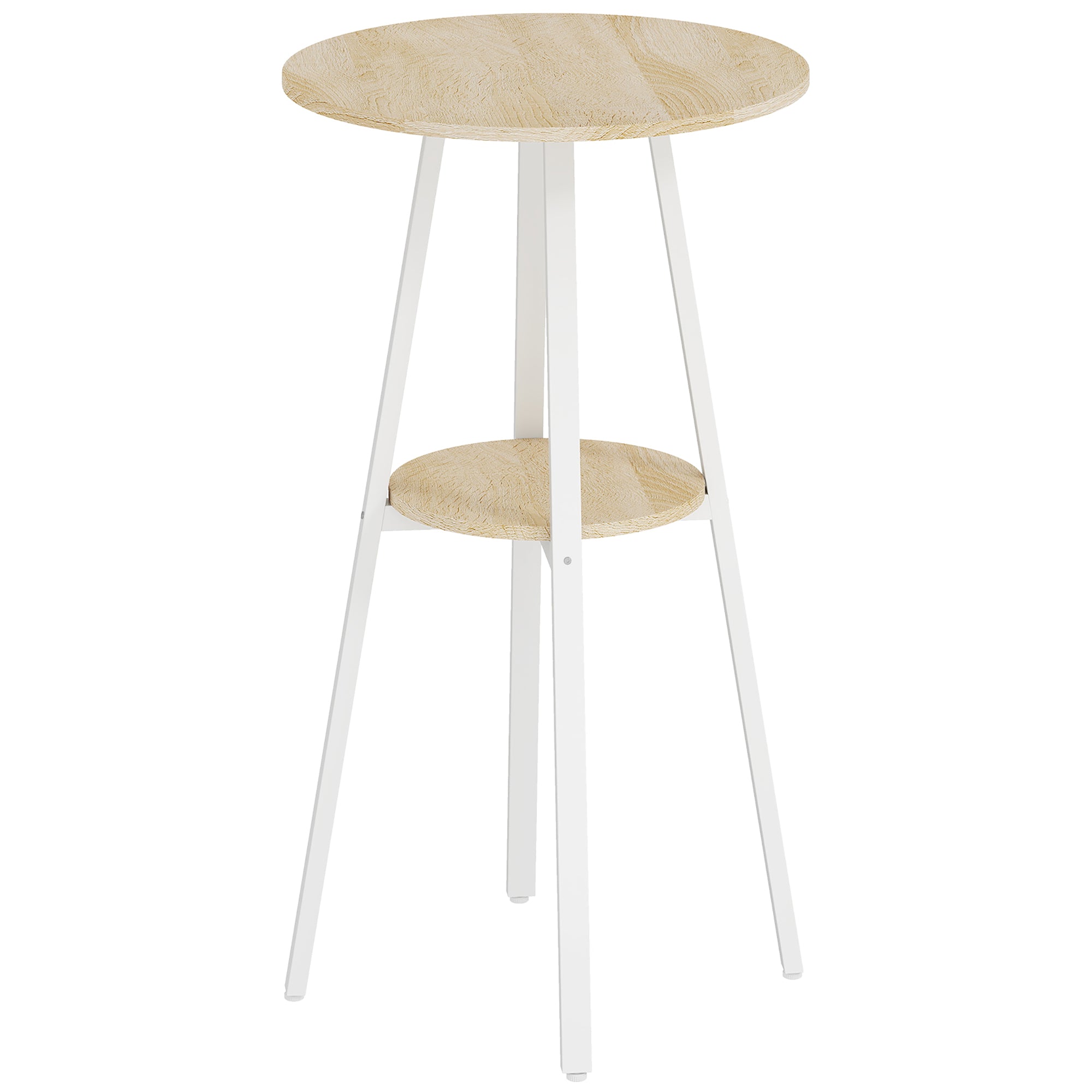 Masă Înaltă Rotundă cu Raft, Masă Modernă pentru Bucătărie sau Dining, PAL, Metal, Lemn Natural și Alb